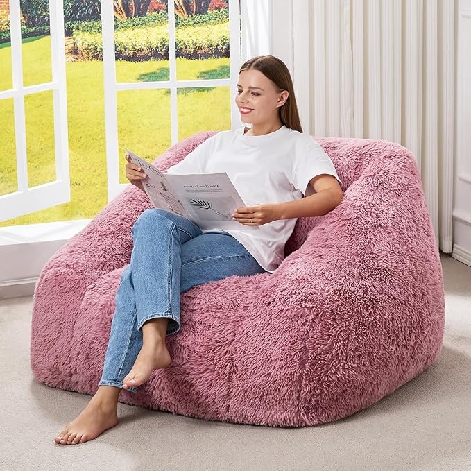 Hobestluk Bean Bag Chairs for Adults Giant Bean Bag Chair with Memory Foam Filling, Adult Beanbag for Bedroom, Living Room (Pink Plush)