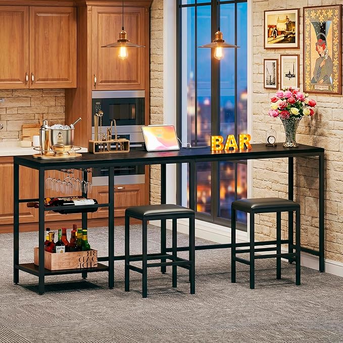 Bar Table and Chairs Set for 2-4, 3-Piece Convertible L-Shaped Dining Set with Storage Shelves & Cup Holder & Wine Rack, 63'' Corner Kitchen Table Set with 2 PU Cushion Stools & Power Outlets, Black