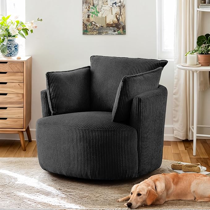 Chorlenimi Swivel Accent Chair Round Barrel Armchair Upholstered Living Room Chair Corduroy Reading Chair Single Sofa Chair for Bedroom Apartment Office (Black, Standard 1Seater)