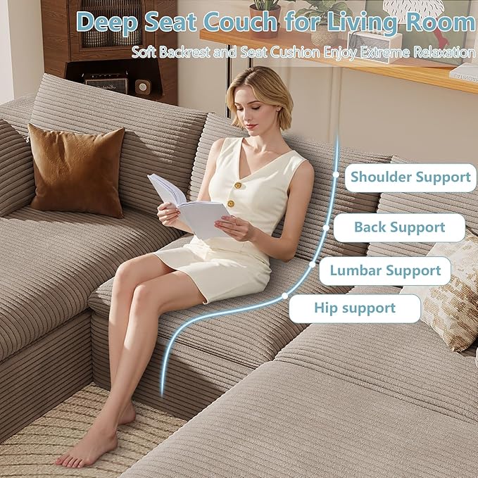 107" Cloud Sectional Couch with U-Shaped Chaise,Corduroy Viral Boneless Sofa with Ottoman,Memory Foam Couches in a Box with Deep Seat for Living Room,No Assembly Required (Camel,Left-Facing Chaise)