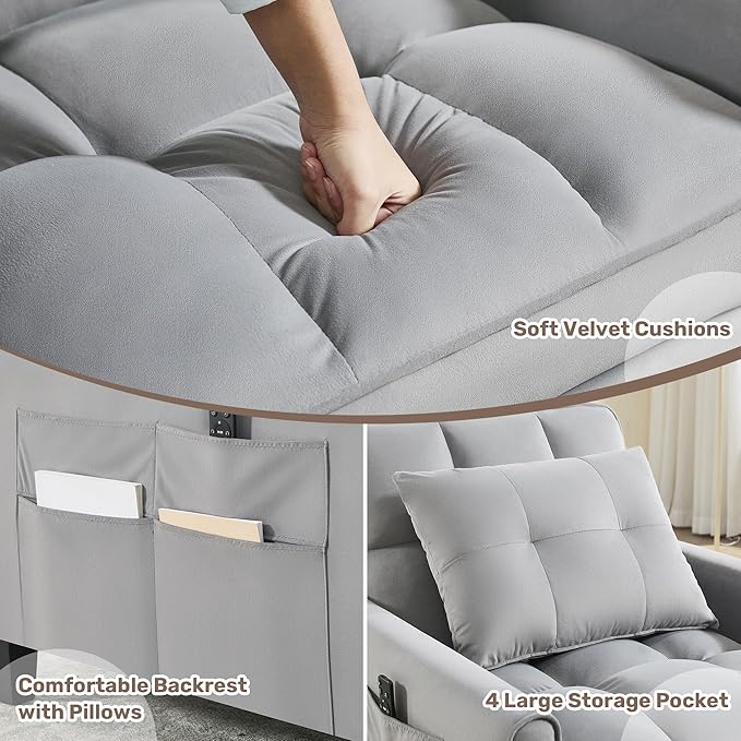 choairy Convertible Sleeper Chair, 3 in 1 Sleeper Chair Bed Pull Out Sofa Bed Chairs, Velvet Single Sofa Beds with Adjustable Backrest for Adults Reading Living Room, Bedroom, Light Grey