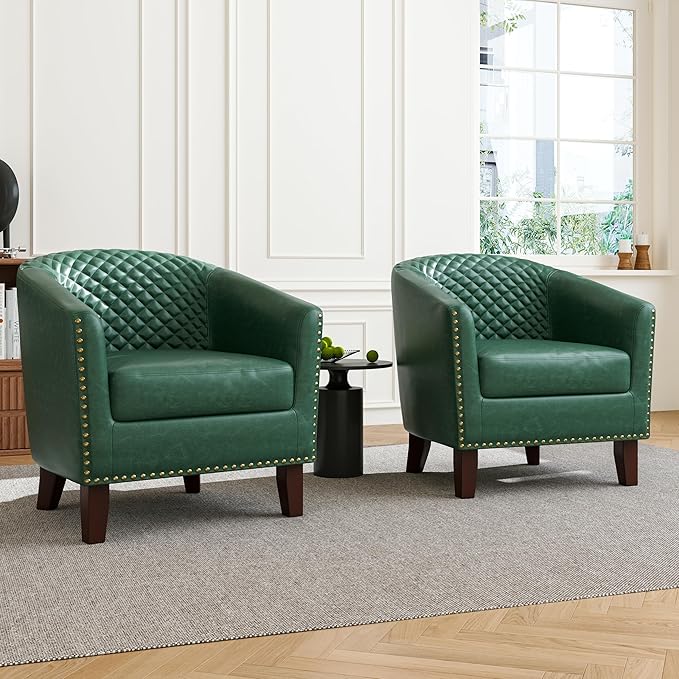 Accent Barrel Chair, Upholstered Faux Leather Club Chair with Nailed Trim, Comfy Reading Armchair for Living Room Bedroom Reception Room Office (Dark Green, Set of 2)