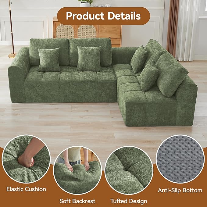 110''Modular Sectional Couches for Living Room, Cloud Boneless Compressed Sofa Right Facing Chaise, Oversized L Shaped 4 Seater Memory Foam Sofa, No Assembly, Chenille Green