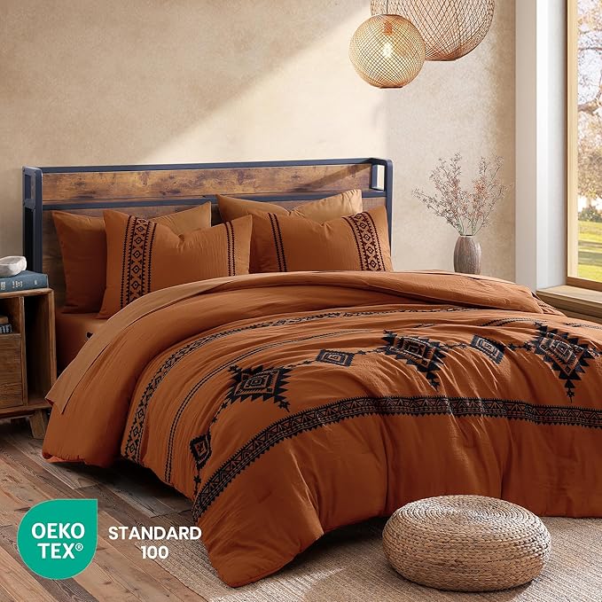 MaiRêve Embroidery Comforter Set, Boho Farmhouse Western Bedding Set, All Season Bed in A Bag Comforter Set with Sheets, Pillowcases & Shams, Burnt Orange California King 7 Pieces