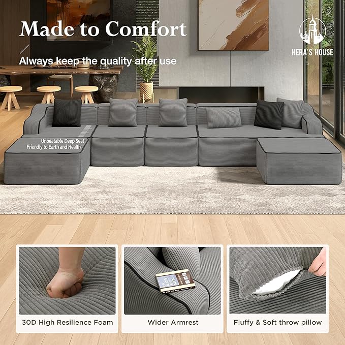 HERA'S HOUSE 163" Cloud Sectional Couch, Oversized U-Shaped Modular Upholstered Sofa with Ottomans, Corduroy Boneless Couches with 6 Throw Pillows for Living Room, No Assembly Required, Grey