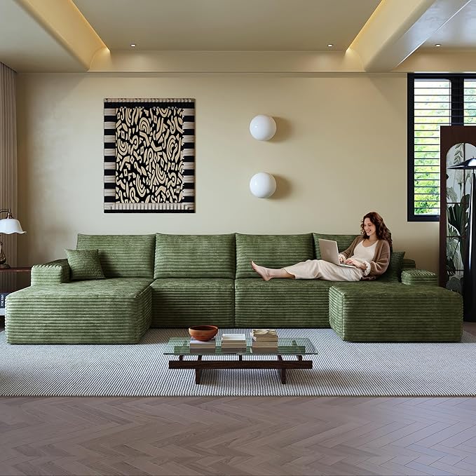AUGOP 136" Sectional Couches for Living Room Modern Modular Sofa with L-Shape Couchs Upholstered Boneless Couch Deep Seat Sectional Couch with Chaise (Green, Left Facing Chaise+3Seaters+Ottoman)