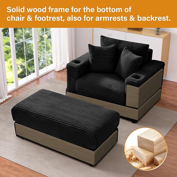 DAMAIFROM Oversized Chaise Lounge Chair Indoor with USB, Cup Holder & Ottoman, Firm Solid Wood Frame with Long Service Life Corduroy Oversized Lounge Reading Chair for Study Room - Black