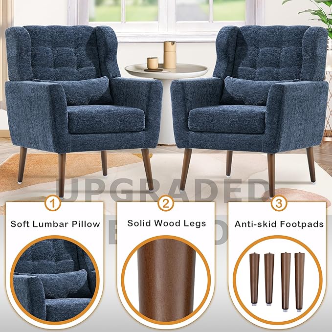 QKFF Modern Accent Chair, Upholstered Armchair with Pillow, Fabric Single Sofa Chair with Lounge Seat and Wood Legs Accent Chair for Living Room Bedroom Small Spaces (Dark Blue)