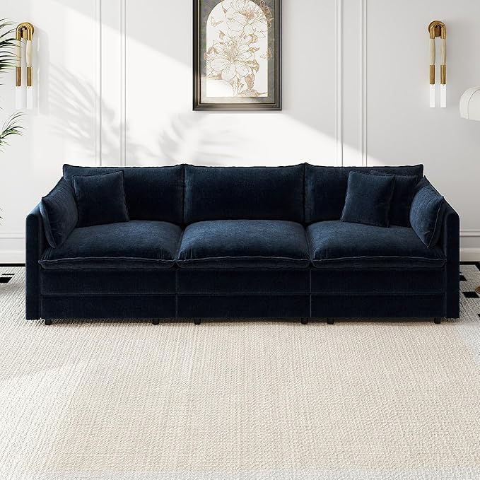 Aoowow Modular Sectional Sofa,112.2 Inch Deep 3-Seater Sofas Comfy Chenille Cloud Sofas and Couches with Pillows for Living Room Apartment（Blue）