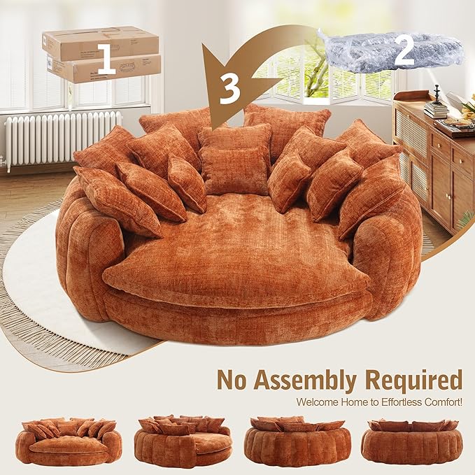 82'' Oversized Upholstered Sofa Bed, Round Chaise Lounge Chair Indoor, Modern Chenille Boneless Couch, No Assembly Required, Plush Sleeper Chair with 14 Pillows for Living Room, Orange