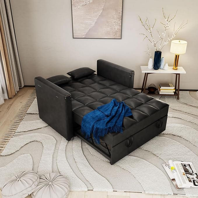 ORRD Convertible Sofa Bed, 3-in-1 Multi-Functional Faux Leather Sleeper Couch Pull-Out Bed, 48'' Loveseat Bed Chaise Lounge with Adjustable Backrest and Hidden Side Table for Living Room, Small Space