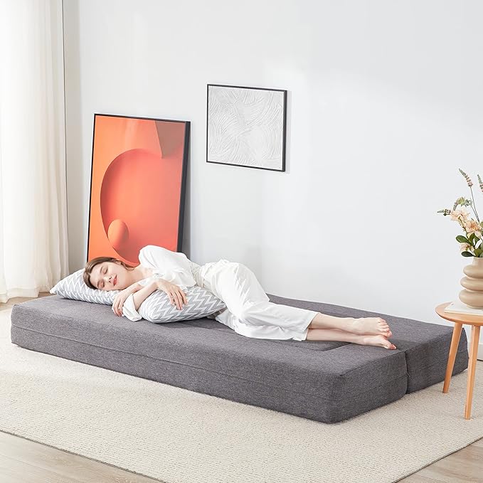 Lazyzizi Floor Sofa Bed, Convertible Sleeper Lounge Couch Folding Mattress with 2 Pillows & Washable Cover for Living Room, Guest, Playroom, Queen