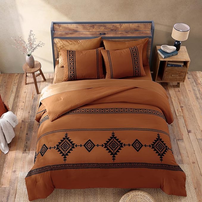 MaiRêve Embroidery Comforter Set, Boho Farmhouse Western Bedding Set, All Season Bed in A Bag Comforter Set with Sheets, Pillowcases & Shams, Burnt Orange California King 7 Pieces