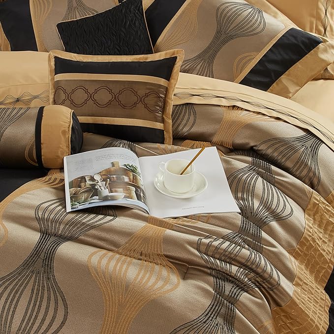 Grand Avenue Elegant Black and Gold Comforter Set King Size, Striped,15 Piece Room-in-A-Bag, Jacquard Bedding Set, All Season, Matching Decorative Pillows, Pillow Sham, Curtains