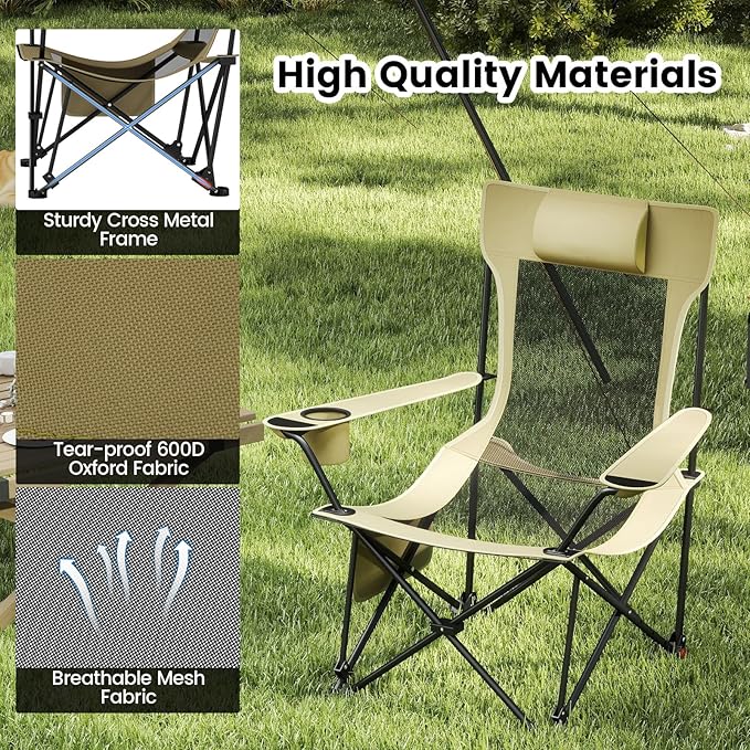 GYMAX Reclining Camping Chairs with Footrest, Lightweight Foldable Camping Chairs with Cup Holders, Adjustable Backrest, Headrest, Heavy Duty Camp Chair for Adult Outdoor Fishing Beach (Khaki,1)