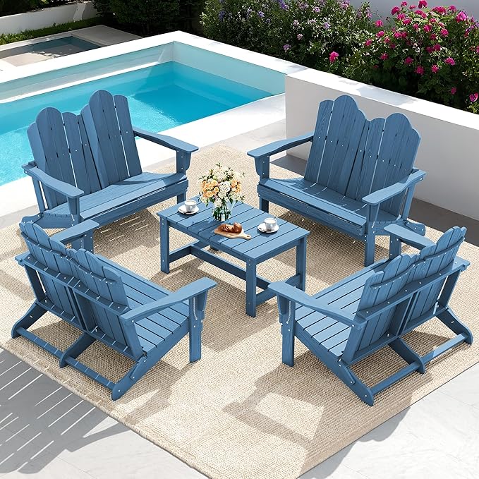 SERWALL 2 Person Adirondack Loveseat, HDPE All-Weather Folding Adirondack Bench Chair, Outdoor Adirondack Chair Set of 4, Navy
