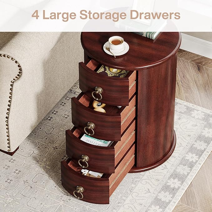 Tribesigns Solid Wood End Table Set of 2, Round Side Table with 4 Drawers, Vintage Bedside Table Nightstand for Small Spaces, Living Room, Bedroom, No Assembly Required (2, Cherry Brown)