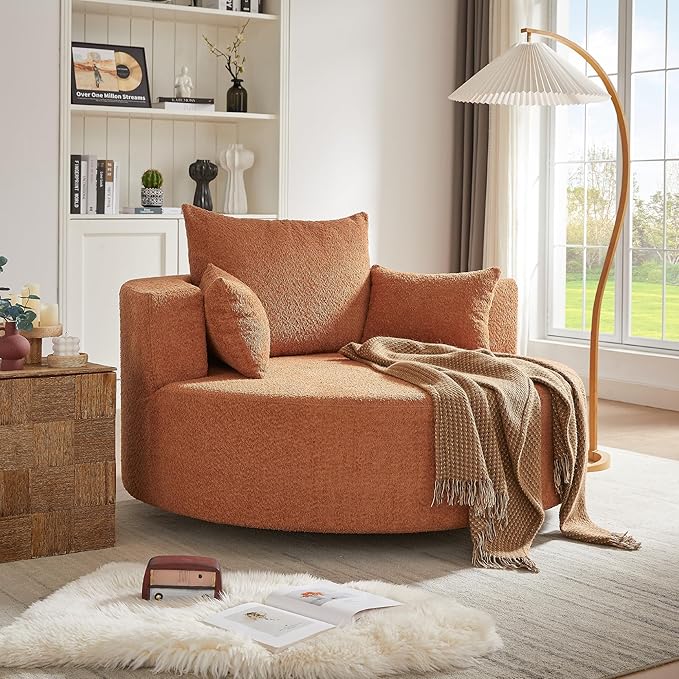 Merax 360° Swivel Chair, Chenille Fabric Accent Barrel Chair, Swivel Round Sofa Chair with 3 Removable Pillows for Living Room, Bedroom, Office and Hotel, Red