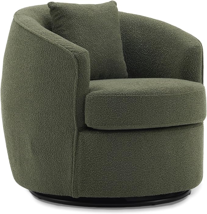 FaFaSoGoodFa Swivel Accent Chair, Modern Upholstered Boucle Barrel Arm Chairs with Pillow for Living Room, 360 Degree Round Swivel Sherpa Armchair with Round Base for Bedroom Club (1, Green)