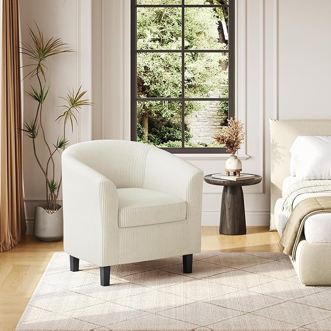 Yaheetech Corduroy Barrel Chair, Upholstered Club Accent Chair, Round Armchair with Soft Cushion for Living Room Bedroom Reading Waiting Room, Beige