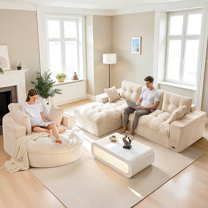 MAXYOYO L Shape Sectional Sofa Couch and Round Chaise Lounge, Modern Cloud Couch with Ottoman, Comfy Sofa with Layered Cushion, Tufted Upholstered Sleeper Chair for Living Room, No Assembly Required