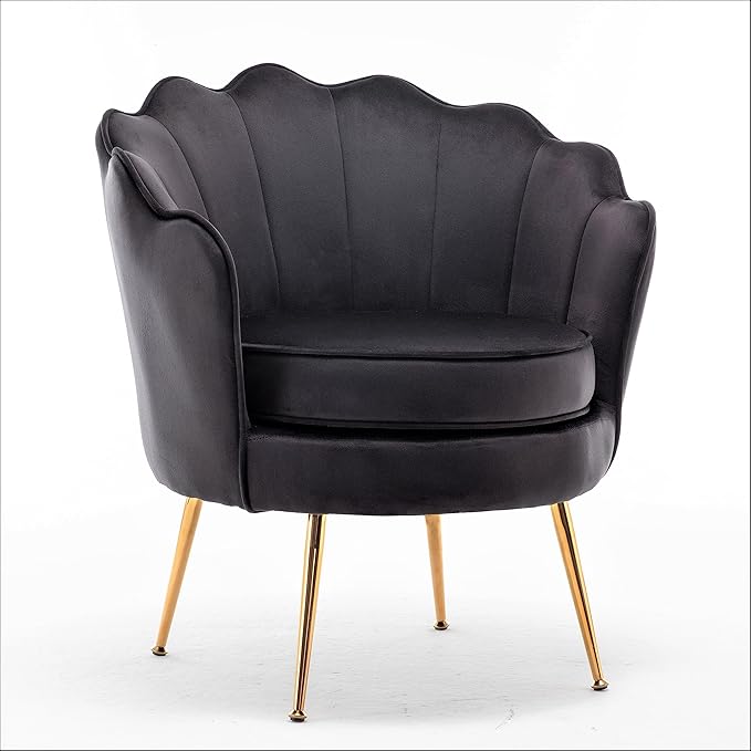 Container Furniture Direct Velvet Barrel Accent Chair with Scalloped Silhouette and Gold Metal Legs, Decorative Piece Suitable for Traditional, Modern, and Contemporary Spaces, Black