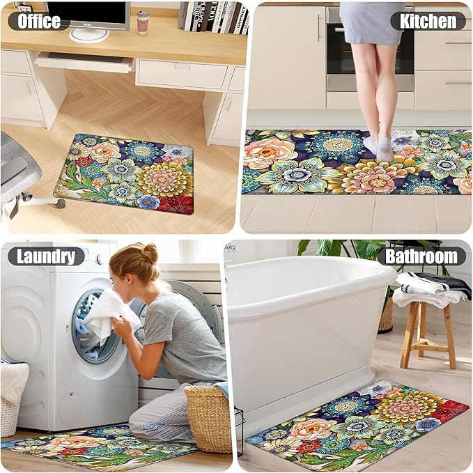 Floral Kitchen Rug Mat for Floor Boho Cushioned Anti-Fatigue Mat Non-Slip Standing Desk Waterproof Comfort Floor Mat for Sink, Office, Laundry, 17.3x39 Inch