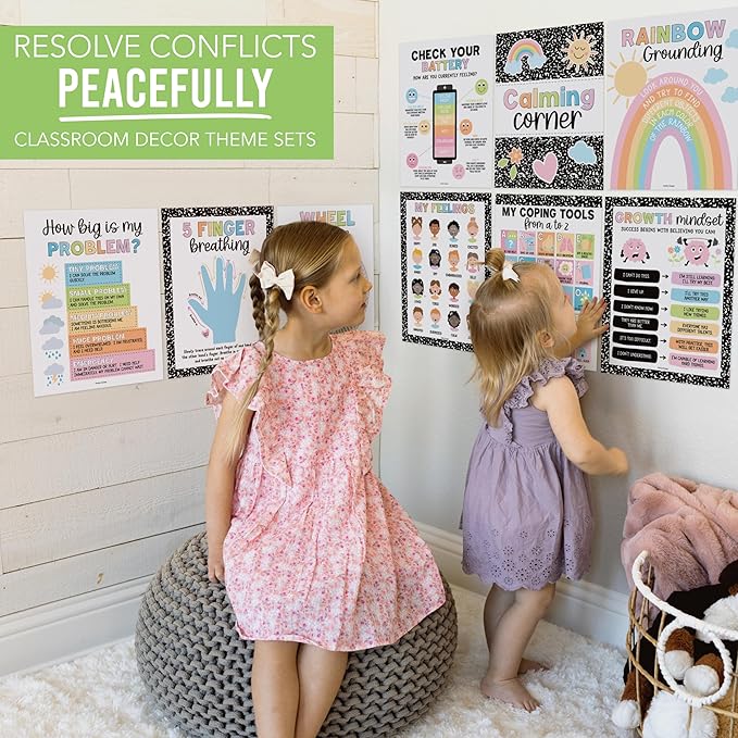 Hadley Designs 9 Calming Corner Posters For Classroom Must Haves For Teachers - 11x14 Calm Down Corner Supplies, Feelings Chart For Kids Ages 4-8, Feelings Wheel Poster, Pastel Classroom Decor