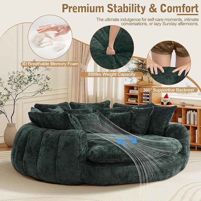 82'' Oversized Upholstered Sofa Bed, Round Chaise Lounge Chair Indoor, Modern Chenille Boneless Couch, No Assembly Required, Plush Sleeper Chair with 14 Pillows for Living Room, Emerald