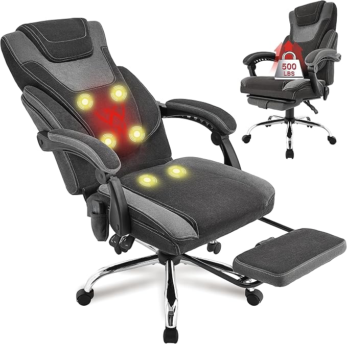 Massage Office Chair with Footrest,6-Point Vibration and Heat Executive Office Chairs,Ergonomic Desk Chair for Heavy People,500LBS Big and Tall Fabric Office Chair,BlackGrey