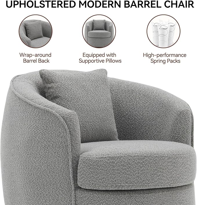 FaFaSoGoodFa Swivel Accent Chair Set of 2, Modern Upholstered Boucle Barrel Arm Chairs with Pillow for Living Room, 360 Degree Round Swivel Sherpa Armchair with Round Base for Bedroom Club (2, Grey)