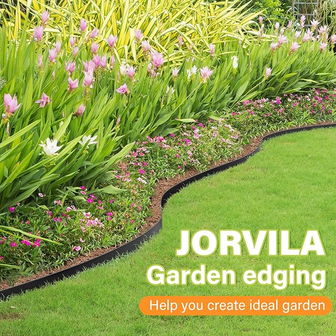 Jorvila Landscape Edging, 1.5" x 80' Plastic Garden Edging with 100 Pcs Metal Spikes, Flexible Garden Border for Lawn, Landscaping, Flower Beds