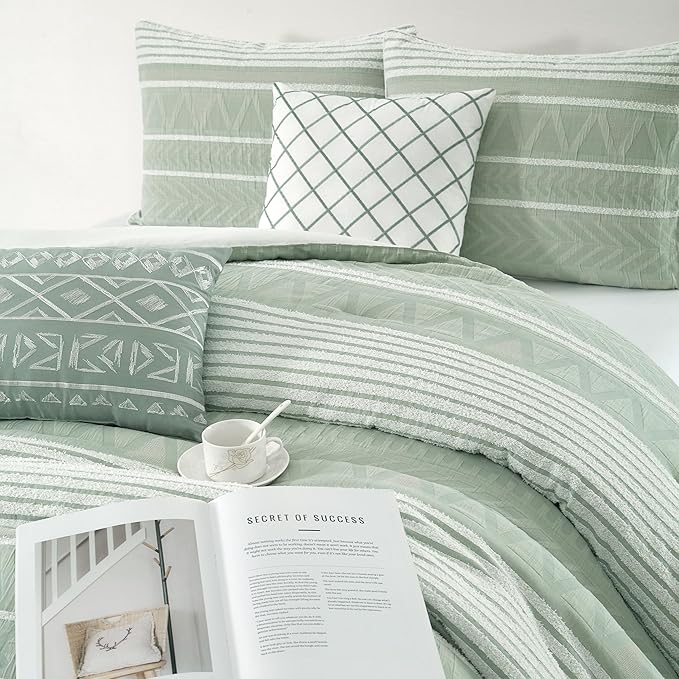 Grand Avenue Cotton Queen Size Comforter Set, 6 Piece, Sage Geometric Jacquard Bedding Set, Bedskirt, Pillows & Shams, Home Decor