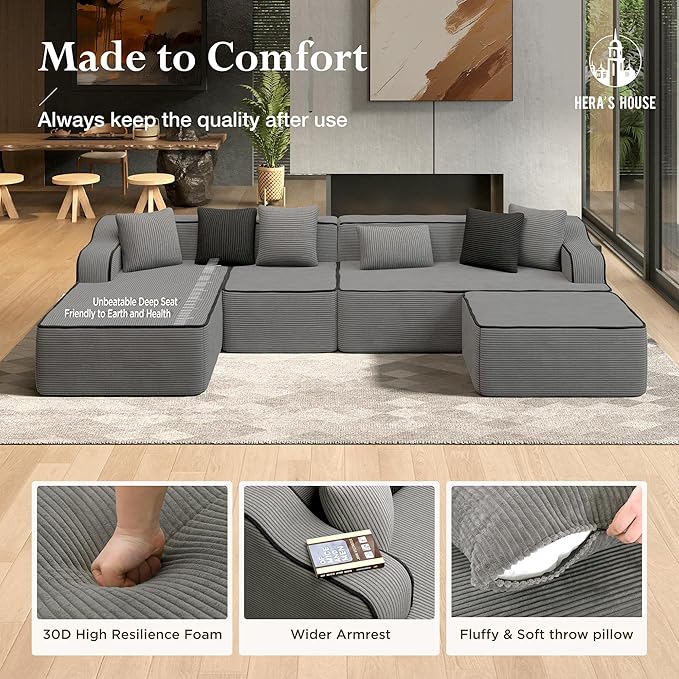 HERA'S HOUSE 134" Cloud Sectional Couch, U-Shaped Modular Upholstered Sofa with Ottoman, Corduroy Boneless Couches with Wide Armrest and 6 Throw Pillows for Living Room, No Assembly Required, Grey