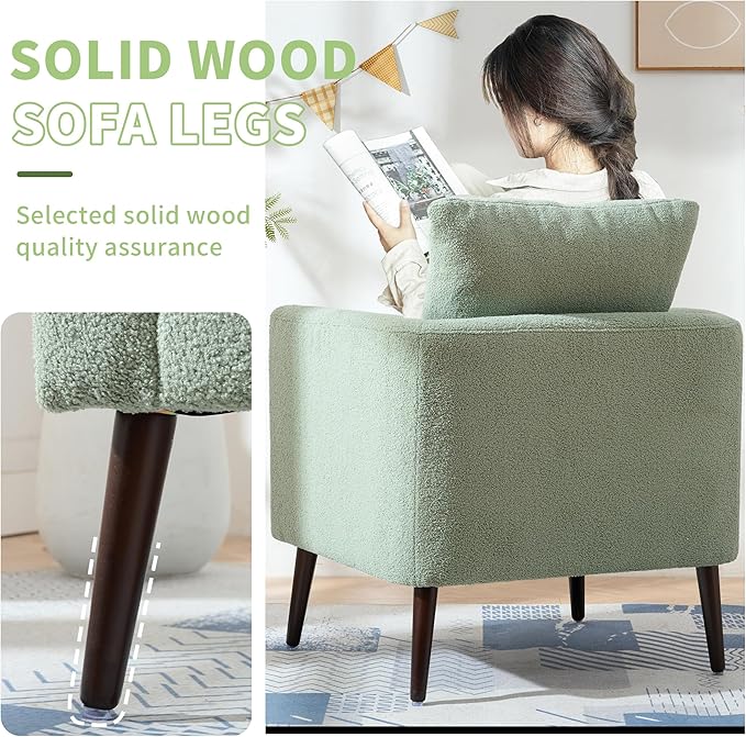 QKFF Barrel Accent Chair Set of 2 with Back Pillow, Large Teddy Upholstered Armchair with Solid Wood Legs Modern Reading Chairs for Living Room Bedroom