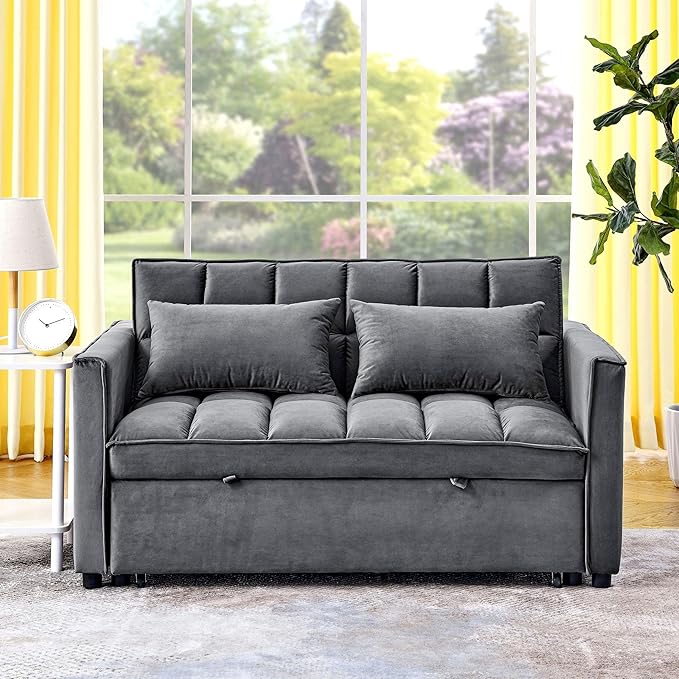 3 in 1 Convertible Sleeper Sofa Bed, Futon Couches for Living Room with Side Pocket | Adjustable Backrest| Velvet Fabric | Pull Out Couch | Love seat Sofa|2-seat Sofa Bed (Grey)