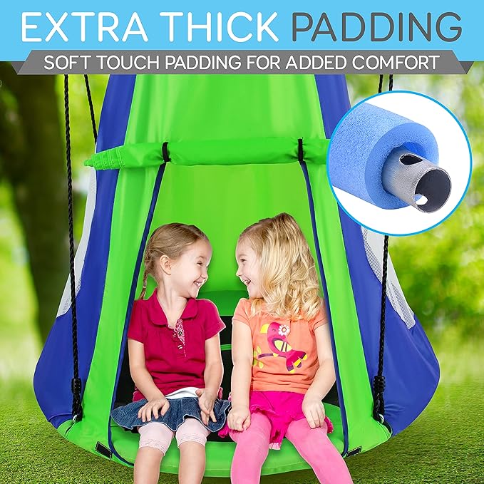 SereneLife 40" Kids Hanging Tent Swing, Outdoor Saucer Swing with Rope Straps (Green), Large