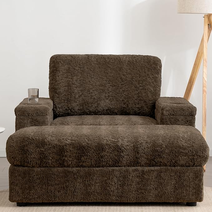 Indoor Chaise Lounge with Storage Ottoman, Armrests, and Cup Holders, Oversized Sleeper Chair for Living Room and Bedroom, 4 Colors