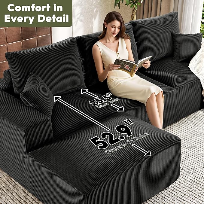 WESTSETLUX 108” Cloud Sectional Sofa Couch with High-Seat, Corduroy Modular Sofa with Oversized Chaise, High-Back Modern L-Shaped Couches for Living Room, No Assembly Required (Black)