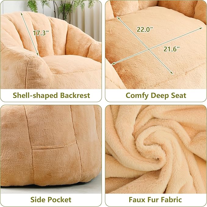 Setawix Giant Bean Bag Chair with Filler, Comfy Faux Fur Bean Bag Chairs for Adults and Kids, Lazy BeanBag Sofa Stuffed Floor Sofa with Memory Foam for Bedroom Apartment Living Room,Brown