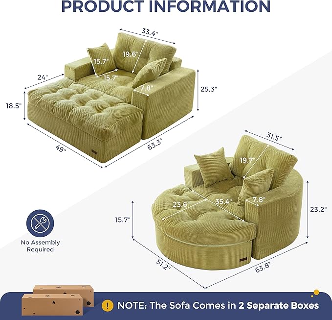MAXYOYO Modular Sectional Chaise Lounge Sofa, 2 Sets Upholstered Lounge Chair with Ottoman, Comfy Round+ Square Couch with Layered Cushion, Tufted Sleeper Chair for Living Room, No Assembly, Green