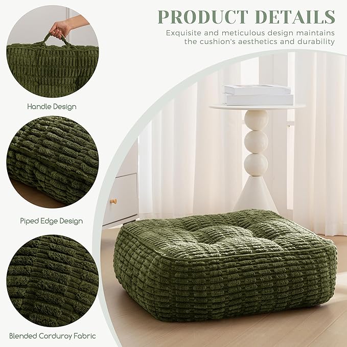8" Washable Floor Pillow Cushion for Adults, Meditation Cushion Pillow, Removable Tufted Blended Corduroy Cover, Large Square Floor Sitting for Tatami Living Room or Yoga, 22x22 Inch, Machine Washable