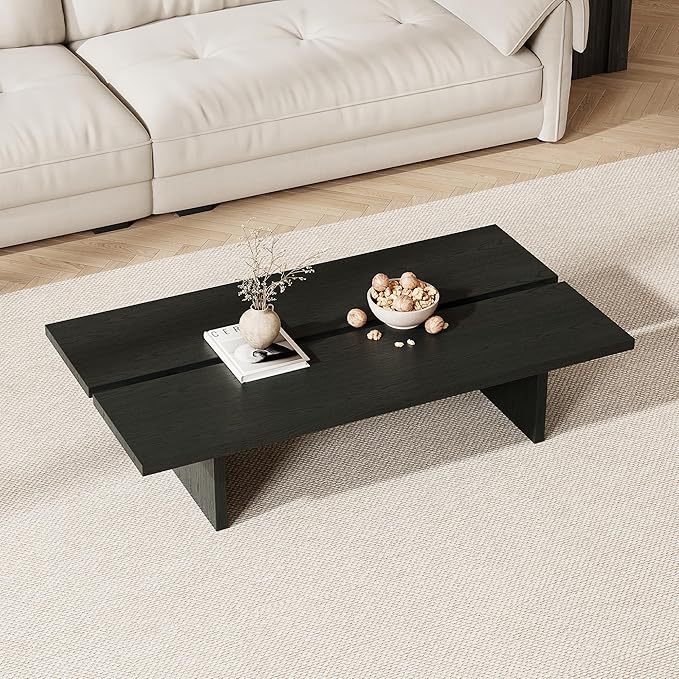 FHKJ 47.2" Modern Coffee Table for Living Room, Black Coffee Table Wood Living Room Table Rectangular Center Table Tea Table for Home Office