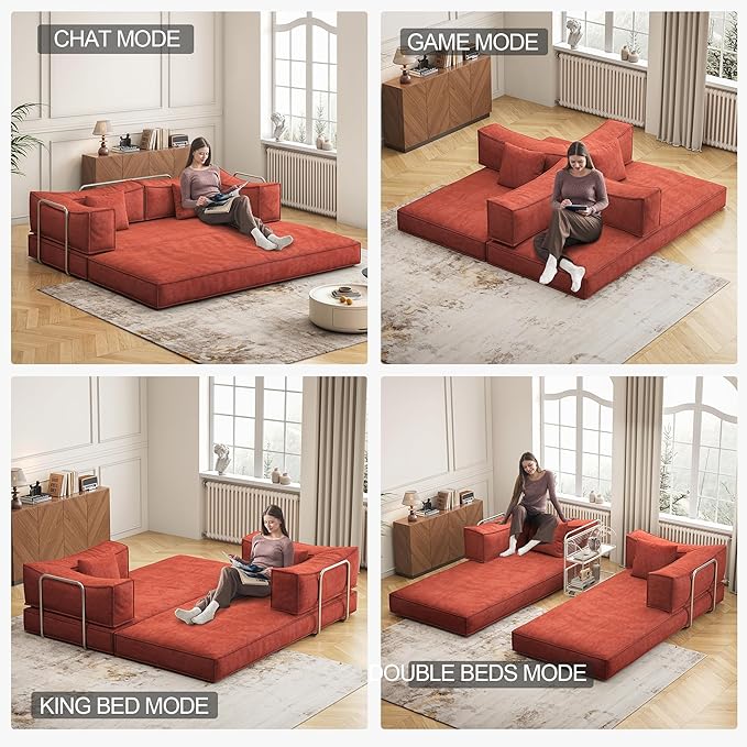 Carzzi-Life 79" Convertible Sofa Bed with Pillows, Corduroy Folding Sleeper Sofa with Fixed-Shape Frame, Boneless Couch for Living Room Bedroom, Floor Sofa Lounge No Assembly Required