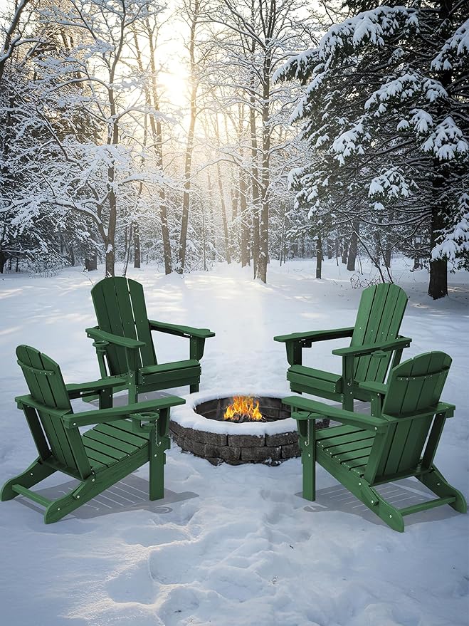 KINGYES Folding Adirondack Chair Set of 4, Dual Cup Holders & All-Weather HDPE, Wood-Like Patio Chair for Backyard, Camping, Pool & Fire Pit, Dark Green