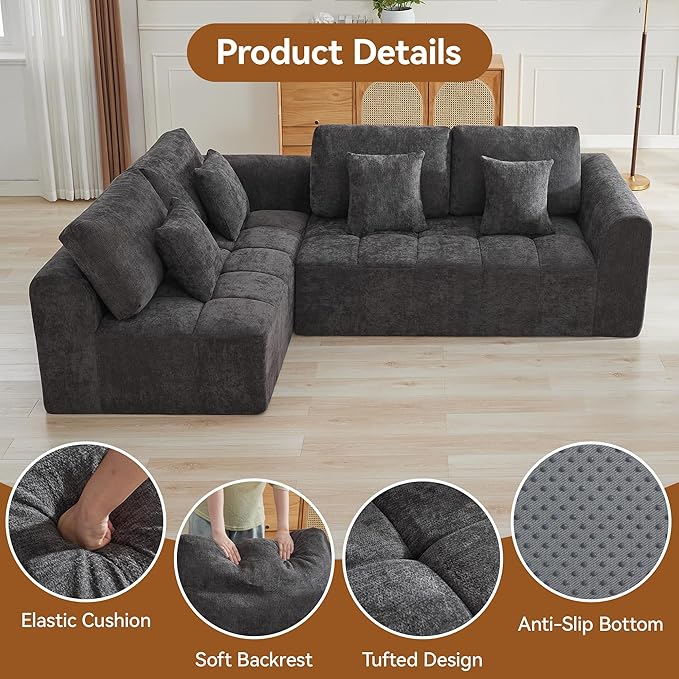 110''Modular Sectional Couches for Living Room, Cloud Boneless Compressed Sofa Left Facing Chaise, Oversized L Shaped 4 Seater Memory Foam Sofa, No Assembly, Chenille Grey