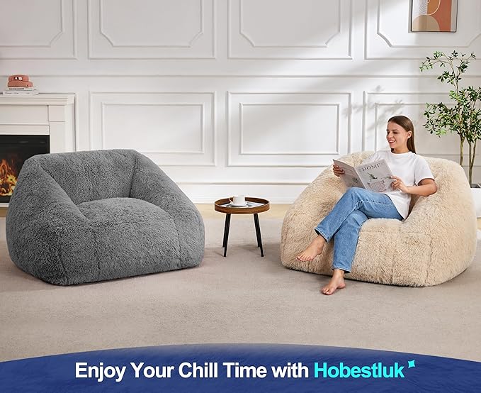 Hobestluk Bean Bag Chairs for Adults Giant Bean Bag Chair with Memory Foam Filling, Adult Beanbag for Bedroom, Living Room (Grey Plush)