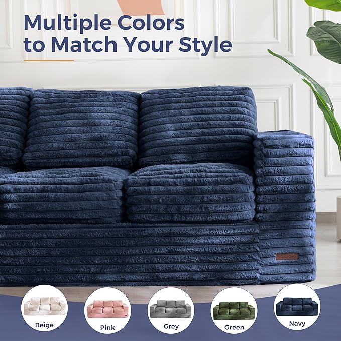MAXYOYO 3-Seater Boneless Sofa Couch, Modern Faux Fur Sofa for Living Room, Soft Bean Bag Chair High-Density Foam Couch with Pillows, No Assembly Required