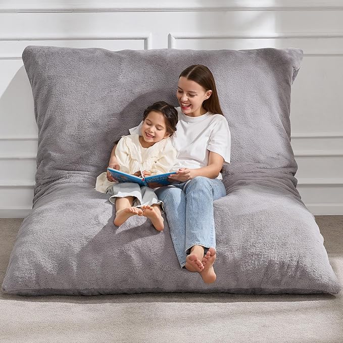 Hobestluk 3 in 1 Bean Bag Chair Giant Bean Bag Chairs for Adults with Chevron Plush Fur Cover Convertible Bean Bag Floor Cushion with Machine Washable Cover for Living Room (Plush Grey)