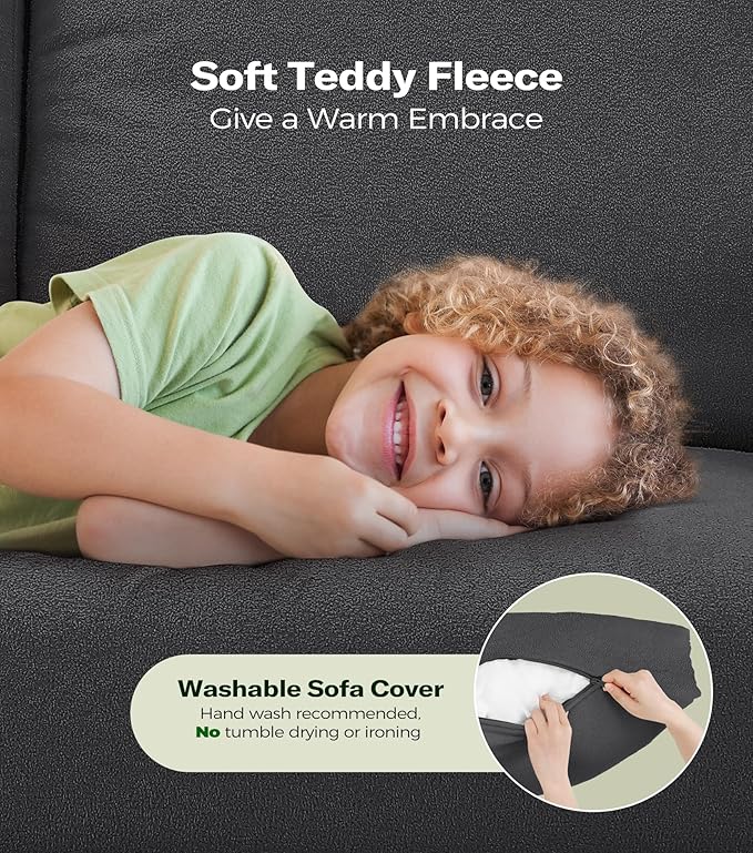 83" Couches for Living Room, Comfy Sofas for Living Room with Storage Ottoman, Teddy Sofa Couch, Tool-Free Loveseat Sofa, All-Wood Love Seat Couches, L Shaped Couch 2 Pillow Included, Grey